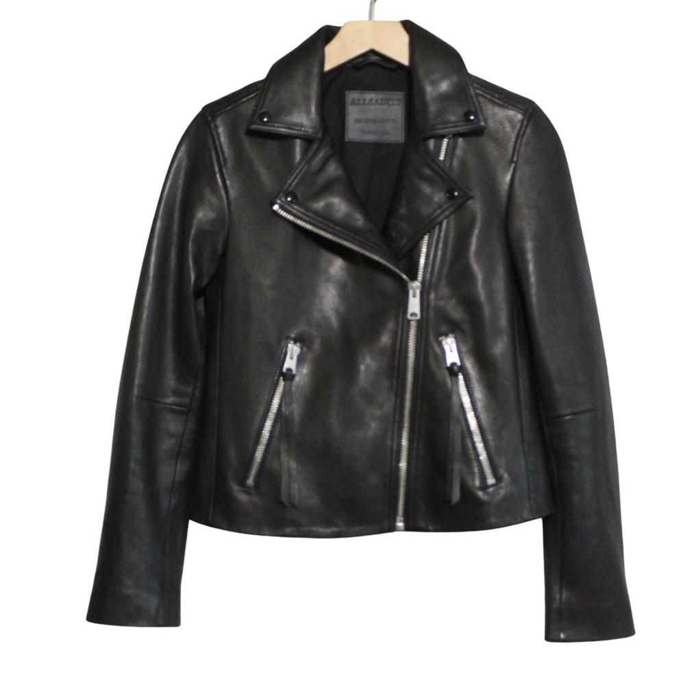 All Saints women lambskin leather moto jacket size 6 black Dalby slim fit biker - Picture 2 of 9